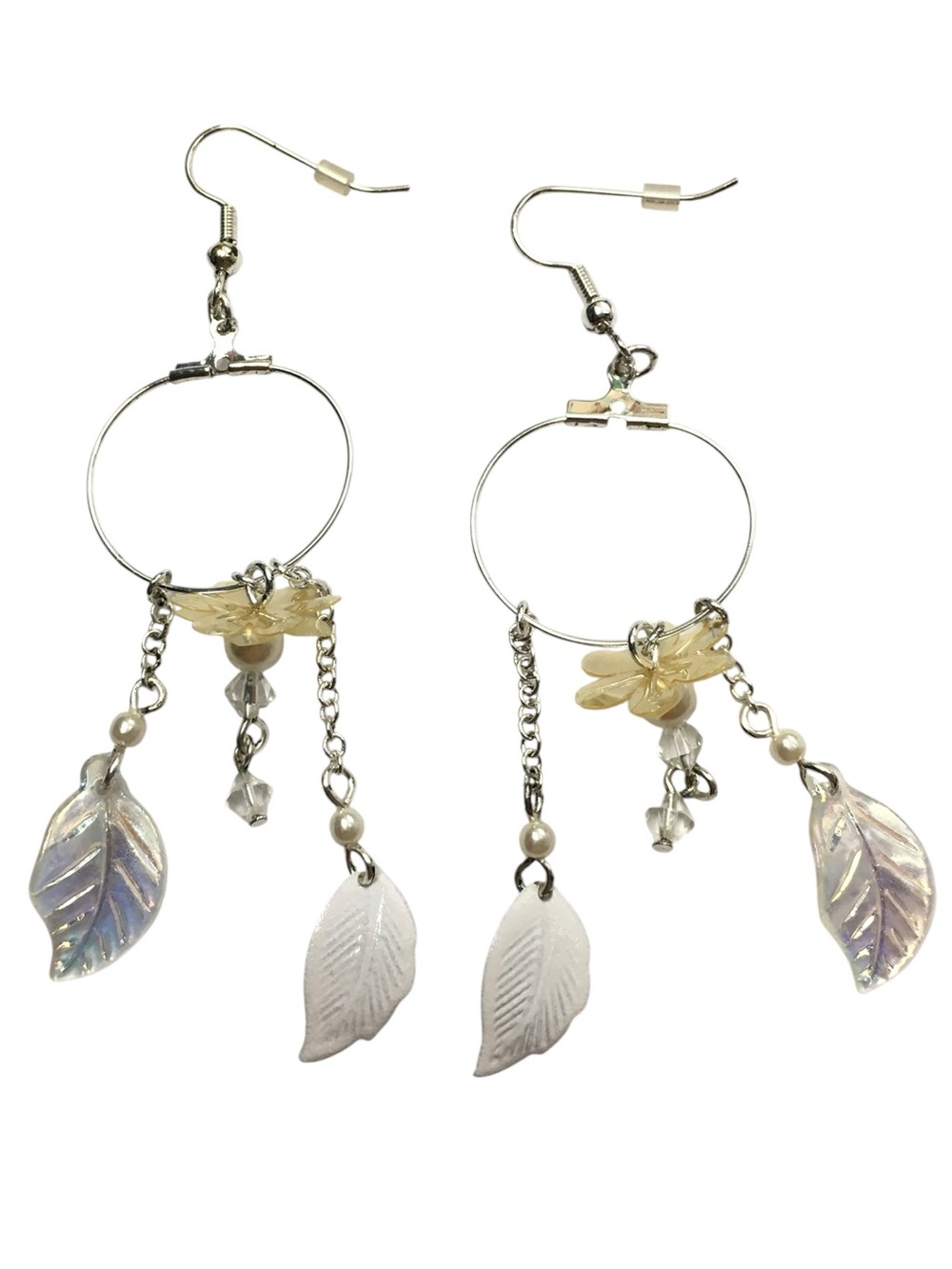 mark. Earrings White Leaf Charm Hoop Beads Metal Simple RARE Avon Vintage